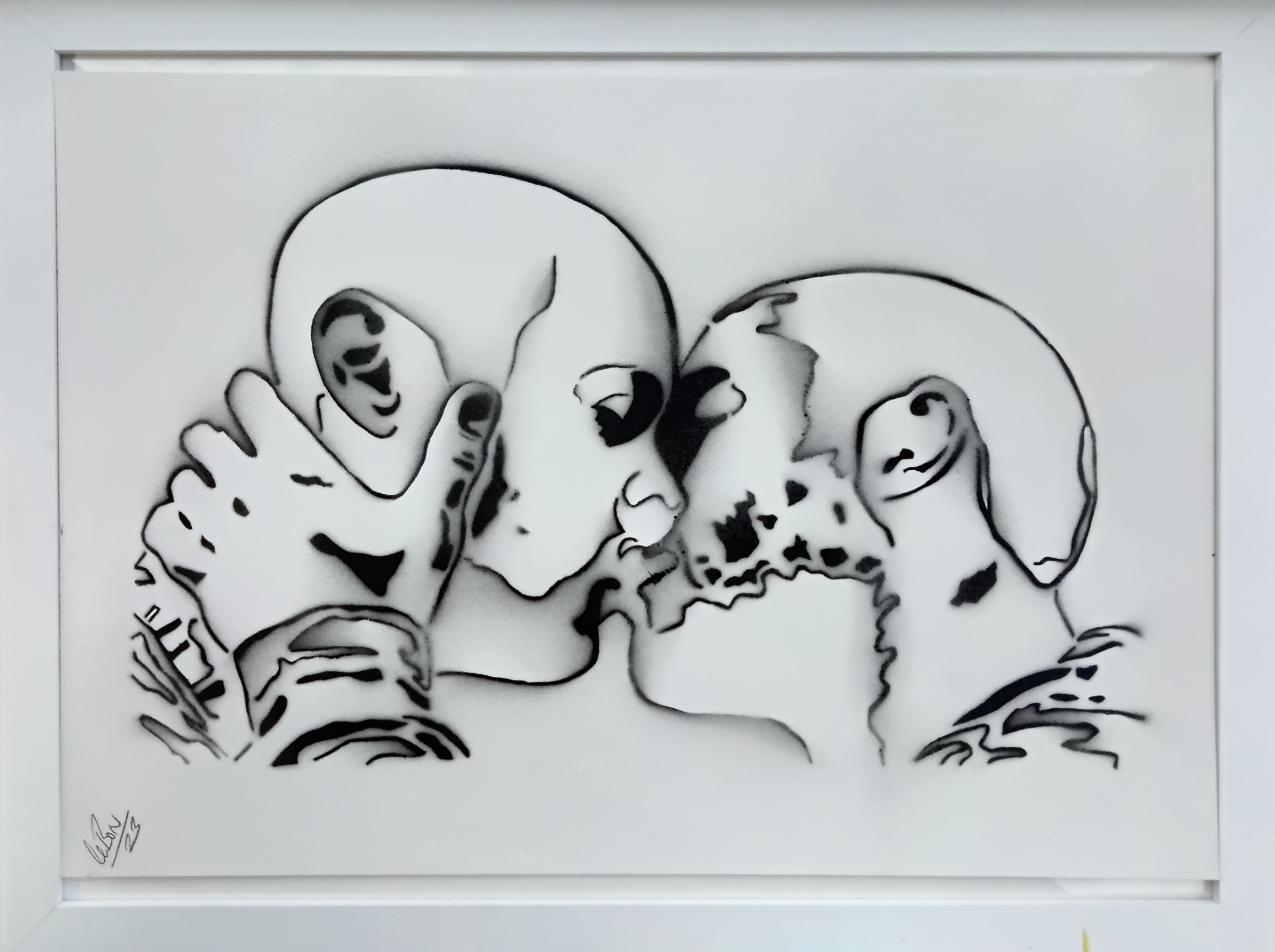 Handmade artwork by biffx, signed leBON. called Show the love off duty, two cops kissing. This artwork, all in proportion. 